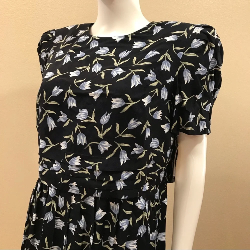 Vintage 90s Worthington Floral Dress NEW Size 14 Navy Blue Tulips Short Sleeve - Picture 8 of 15